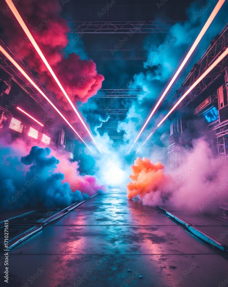 Poster a vibrant and futuristic tunnel filled with colorful smoke and illuminated by neon lights, creating 