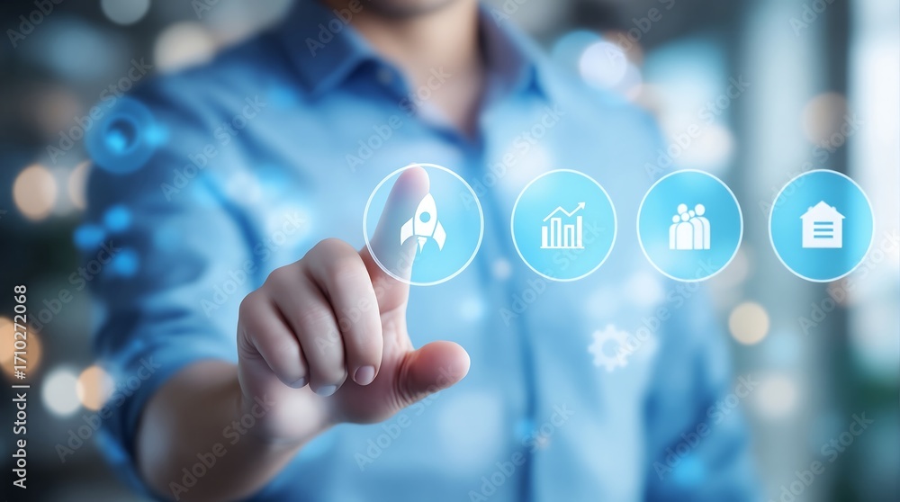 Poster business startup growth strategy plan concept with touch screen technology and digital interface app