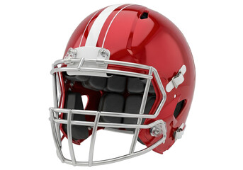 Bright red football helmet with white stripes displayed against a clean background, ideal for sports imagery