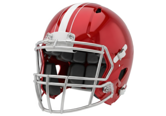 Bright red football helmet with white stripes displayed against a clean background, ideal for sports imagery