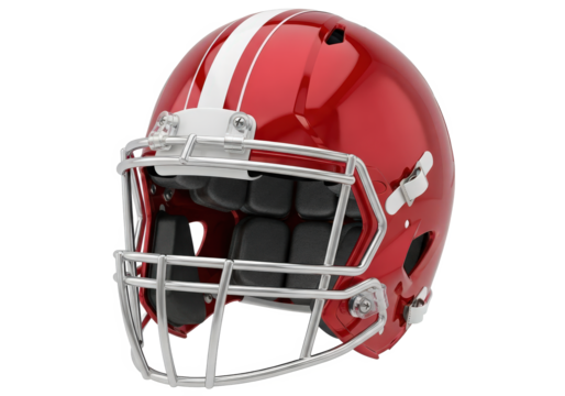 Bright red football helmet with white stripes displayed against a clean background, ideal for sports imagery