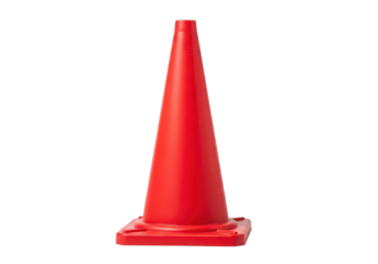 Bright red traffic cone standing upright on a clean surface, symbolizing road safety and direction