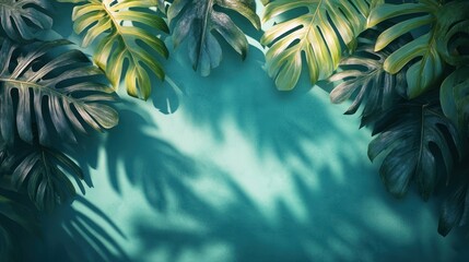 Fototapeta premium Tropical leaves, shadow, mint background, flat lay, nature, design, backdrop, aesthetic