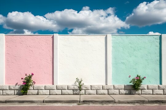 Minimalist Pastel Concrete Wall with Pink, White, and Mint Panels Against Blue Sky