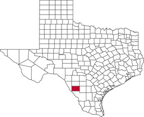 A vector map of Texas highlighting Dimmit County. Ideal for geographical studies, regional reports, and data visualization projects.

