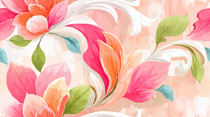 Seamless Abstract flower, Vibrant floral pattern featuring pink and green leaves, ideal for decorative or artistic purposes.