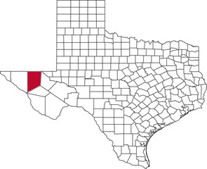 A vector map of Texas highlighting Culberson County. Ideal for geographical studies, regional reports, and data visualization projects.

