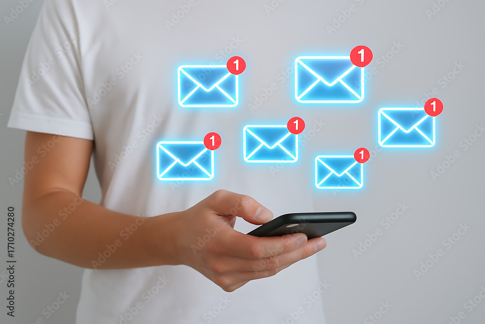 Poster a person holding a smartphone with multiple glowing email envelope icons, each with a notification n