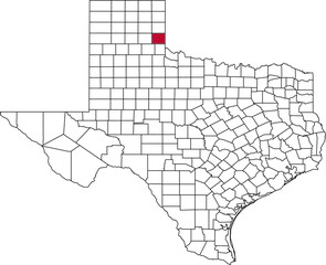 A vector map of Texas highlighting Collingsworth County. Ideal for geographical studies, regional reports, and data visualization projects.

