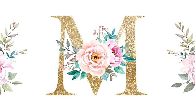 Gold letter "M" framed by pastel flowers and greenery
