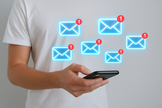 A person holding a smartphone with multiple glowing email envelope icons, each with a notification number, representing a high volume of new messages - Powered by Adobe