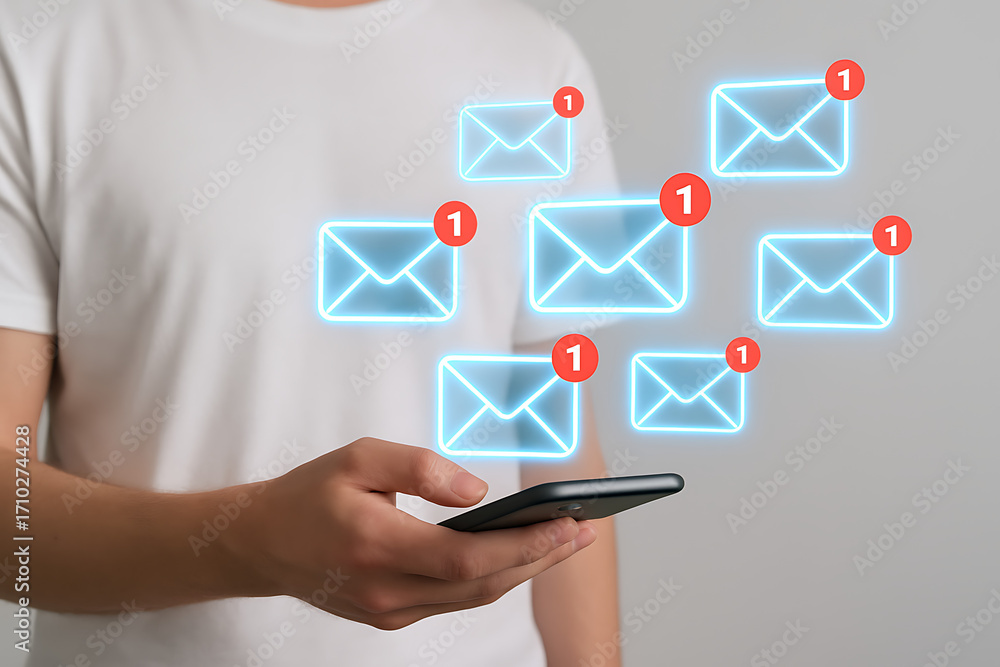 Poster a person holding a smartphone with multiple glowing email envelope icons floating above it, each wit