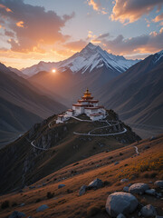 Picturesque view of the Key Gompa Monastery (4166 m) at sunrise. Spiti valley, Himachal Pradesh, India.