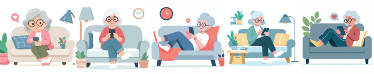 vector of a grandmother sitting relaxed on the sofa playing with gadgets