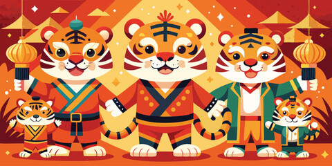 Obraz premium Three cute cartoon tigers wearing traditional outfits holding lanterns