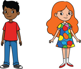 Cartoon boy and girl standing, cute children illustration, happy kids smiling, colorful dress, childhood characters, vector design, clipart, isolated