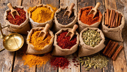 Fototapeta premium Traditional Gulf Spice Market with Colorful Sacks