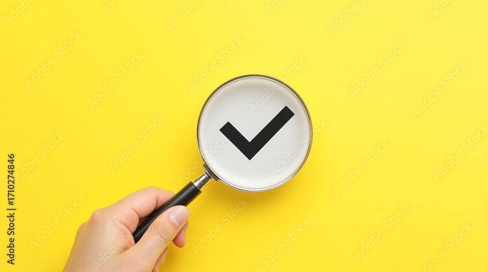 Poster magnifying glass with check mark icon for approval process and quality control on yellow background 