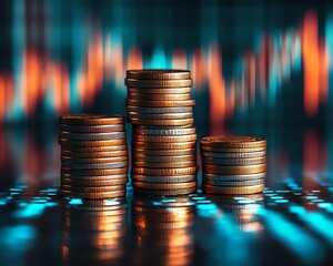 Financial investment strategy visualized with stacks of coins, increasing stock market graphs, and a digital wealth background symbolizing growth, profit, and success
