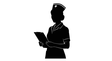 Silhouette of a nurse holding a clipboard, profile view.