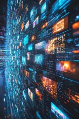 Abstract digital data stream, futuristic technology background.  Cybernetic wall of information.