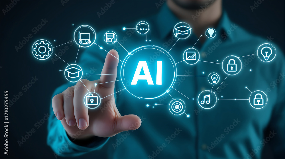 Poster artificial intelligence ai technology concept with man touching interface and digital icons around