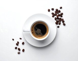 Fresh black coffee with roasted beans on white table, ideal for morning energy boost