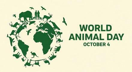 Celebrating World Animal Day on October 4th with a green earth surrounded by animals