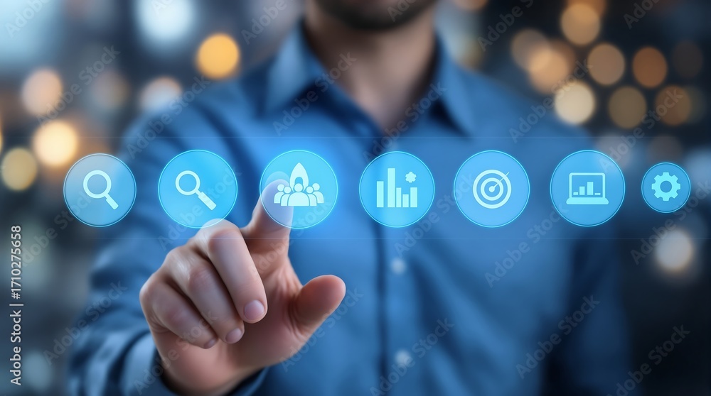 Poster man touching digital icons for business strategy and data analysis for growth and success online