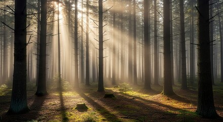 Obraz premium Sunlight through foggy forest