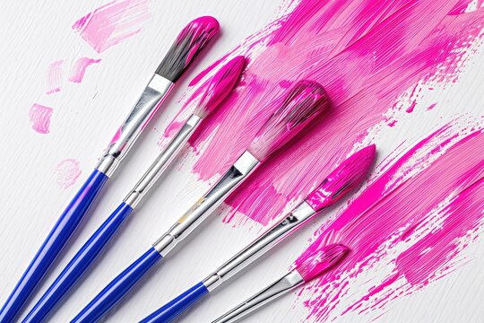 Four paintbrushes with bright pink paint strokes on a white surface.  The brushes have blue handles and varying bristle sizes