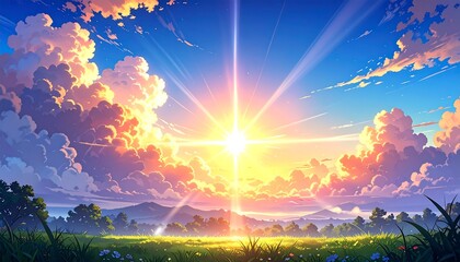 Radiant sunrise over a tranquil meadow painting with fluffy clouds