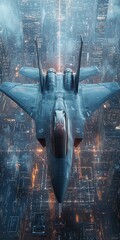 Futuristic jet fighter overlaid with digital network in a city background