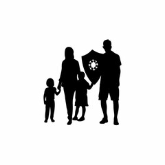 Family silhouette holding shield with vaccine protection symbol isolated on white background