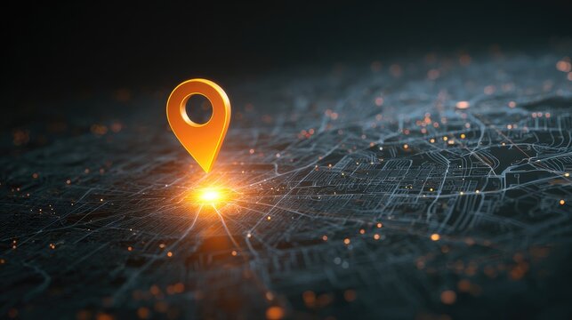3D Render of Location Marker on Digital Map with Glowing Elements and Network Connections