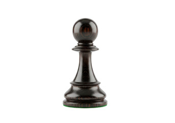 Close-up view of a polished black chess pawn on a white background, symbolizing strategy and competition
