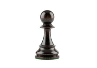 Close-up view of a polished black chess pawn on a white background, symbolizing strategy and competition