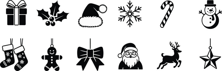 Flat vector illustration of Christmas icons including Santa, snowflake, gift, reindeer, candy cane, snowman, ideal for holiday design.