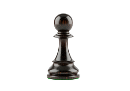 Close-up view of a polished black chess pawn on a white background, symbolizing strategy and competition