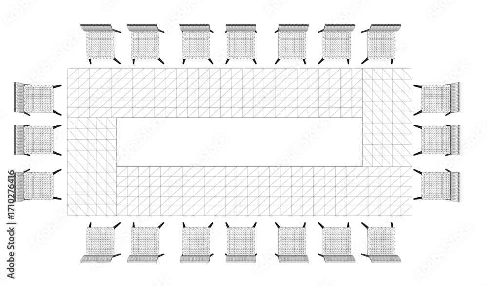 Poster black and white wireframe drawing of a meeting room with chairs arranged in a precise grid pattern.