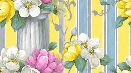 Obraz premium Seamless Abstract flower, Floral pattern featuring colorful flowers against a striped background, combining elegance with a vibrant design.