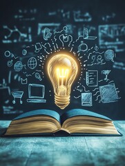 Graduation cap with lightbulb on a book and educational icons representing knowledge, learning, and innovative technology in a university classroom