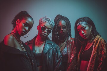 Stylish african female young adults posing in dramatic lighting with sunglasses and jackets