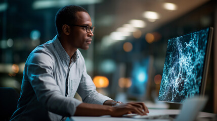 A Black IT expert in a high tech environment analyzes AI data structures on a monitor neural network visuals glowing his keyboard clicking rhythmically a futuristic interface