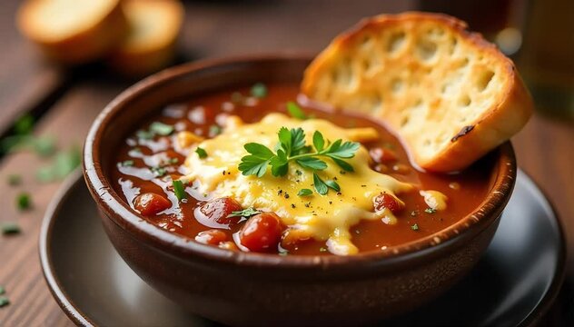 Hot bowl of French onion soup topped with melted cheese and toasted bread slice 