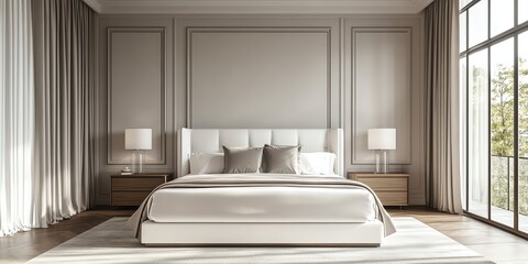 Modern bedroom large bed center has white upholstered platform isolated