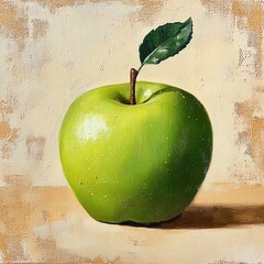 Painting ripe apple on beige canvas, handpainted green apple Acrylic fruit for Kitchen design, interior decoration