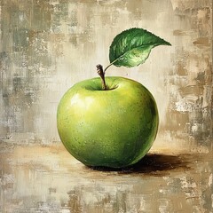 Painting ripe apple on beige canvas, handpainted green apple Acrylic fruit for Kitchen design, interior decoration