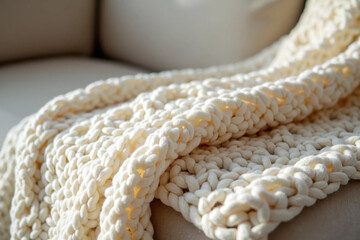 Close-up photograph of  knitted fabric blanket showing texture, softness, and timeless handcrafted textile design