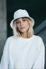 A young woman with blonde hair wearing a white bucket hat mockup and a white sweatshirt, posing against a blurred urban background